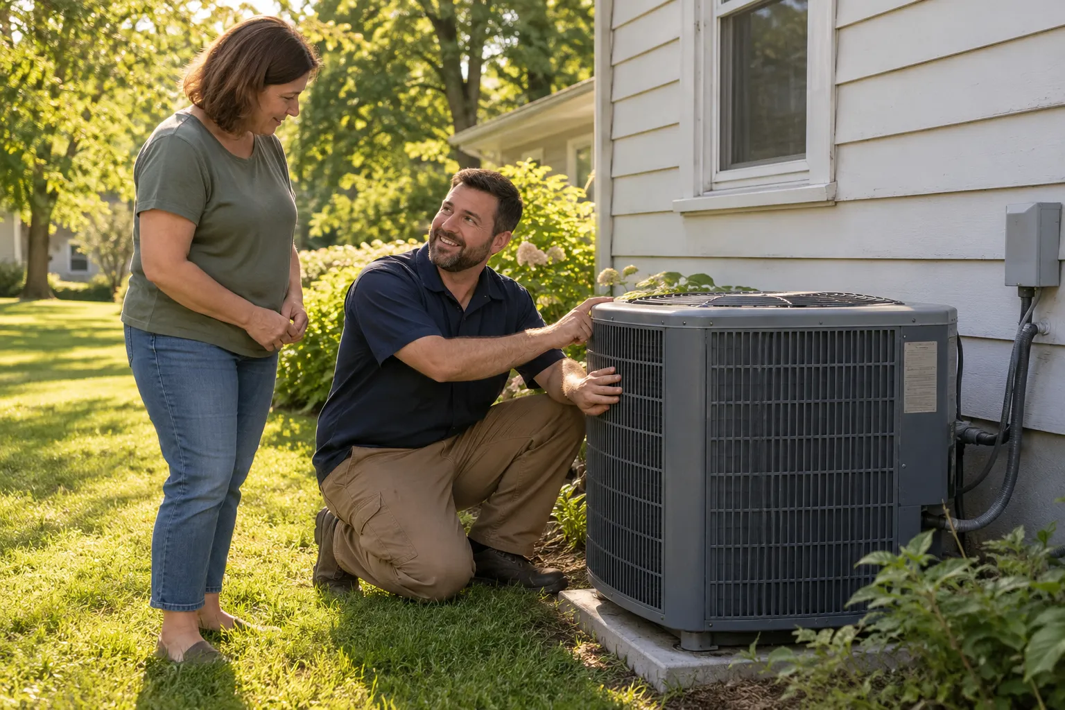 A friendly HVAC provider checking an outdoor air conditioner at a frame home in Akron
