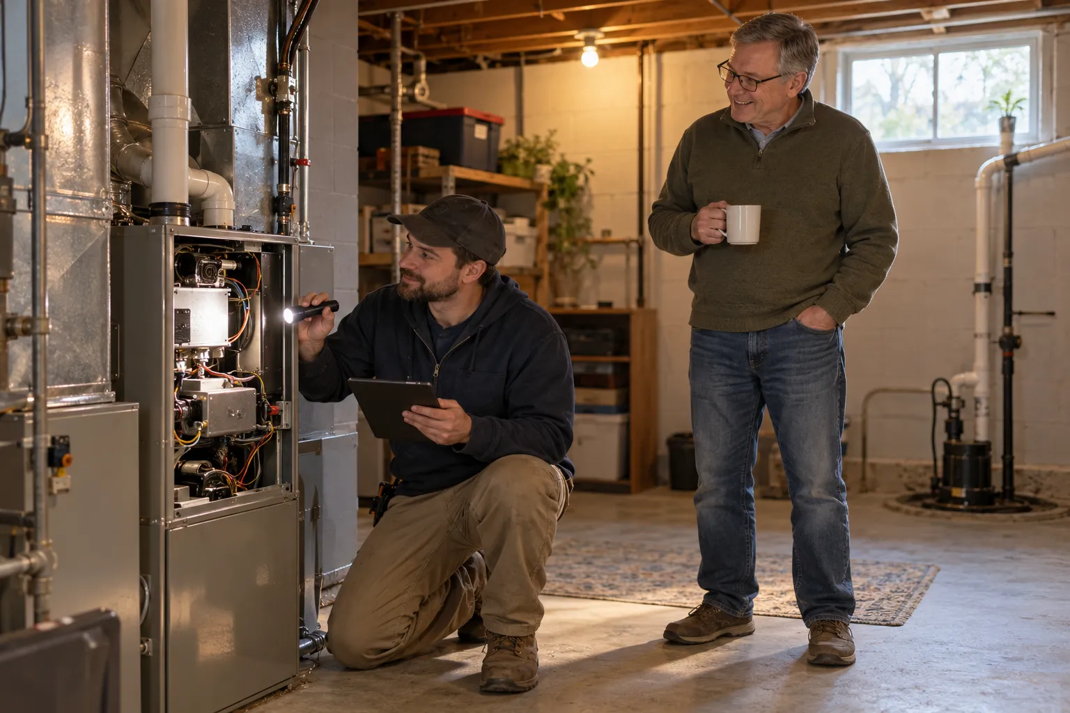 A friendly HVAC provider checking a gas furnace in a basement of a Akron home while a homeowner looks on